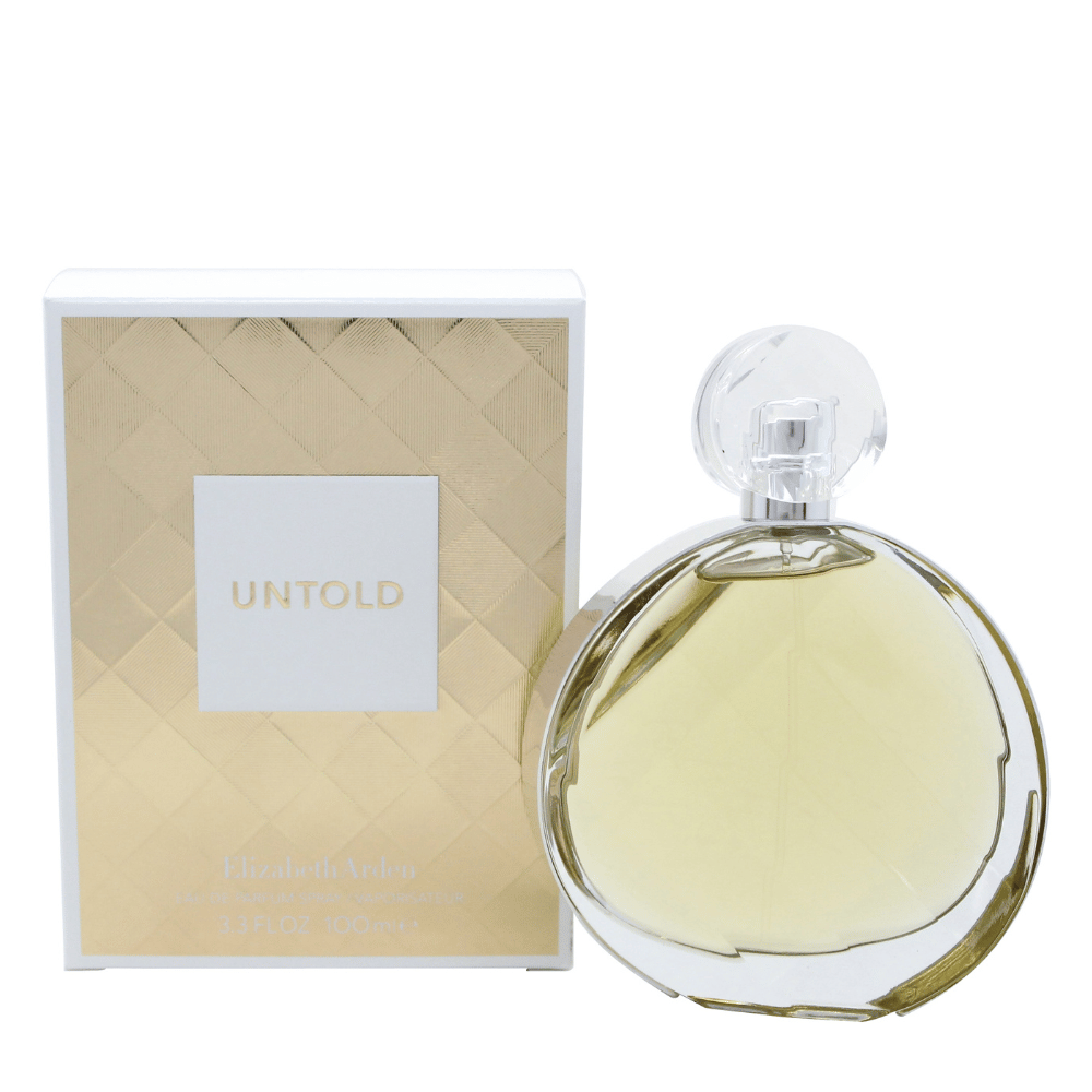 "Elizabeth Arden" parfymförpackning med diamantmönster i guld och centralt "UNTOLD"-märke, bredvid en rund genomskinlig glasflaska fylld med gulaktig parfym och toppad med en sfärisk kork.